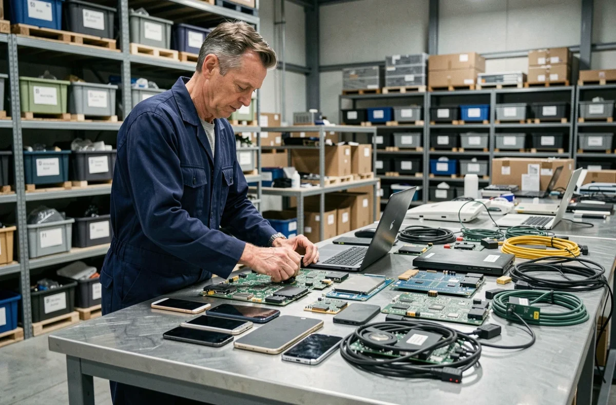 Technicien triant des déchets électroniques comme des smartphones et ordinateurs dans un centre de recyclage moderne