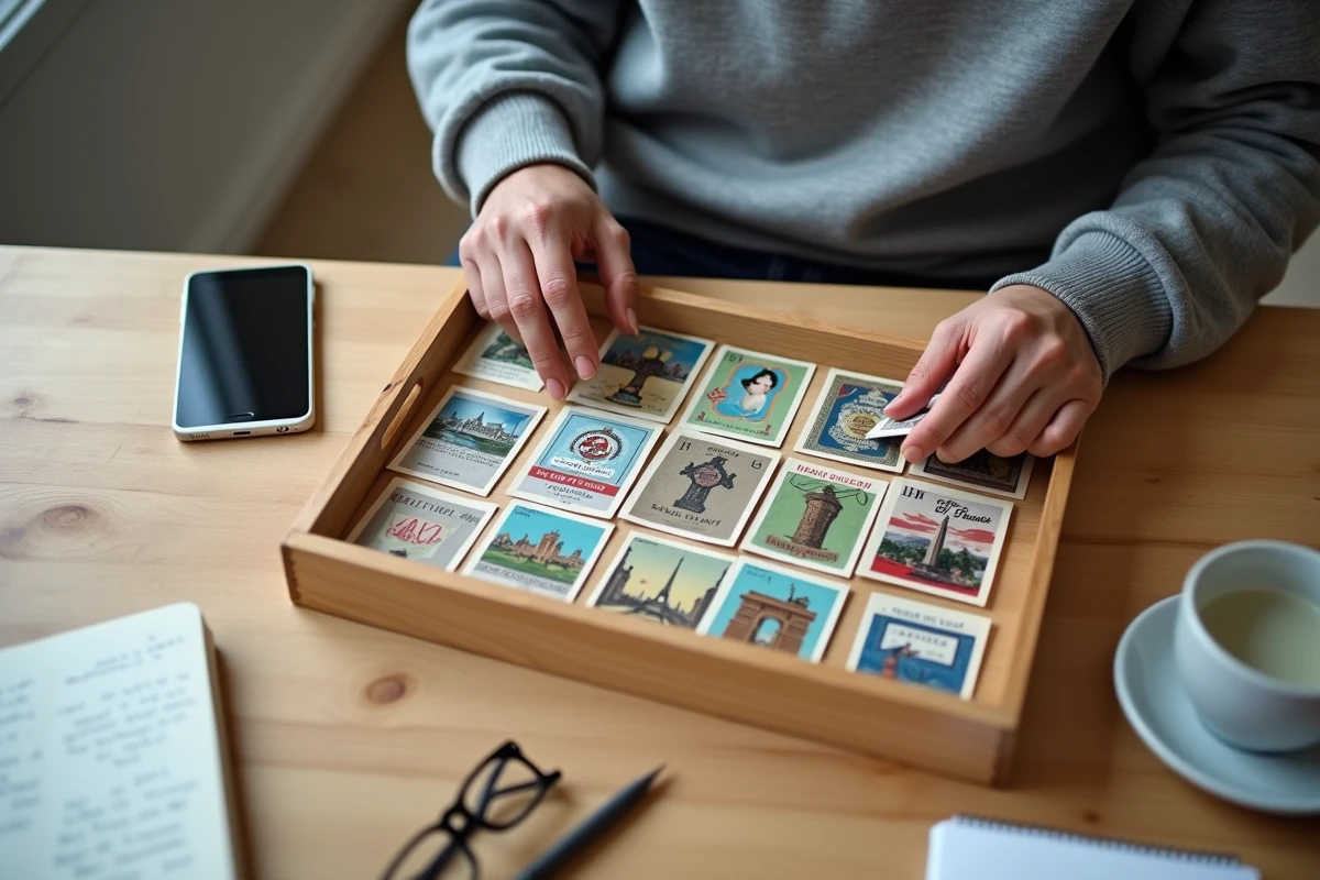 Mains d'un collectionneur triant des télécartes dans un plateau en bois avec un guide de prix affiché sur smartphone