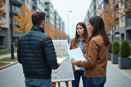 Groupe d'urbanistes discutant devant une carte urbaine