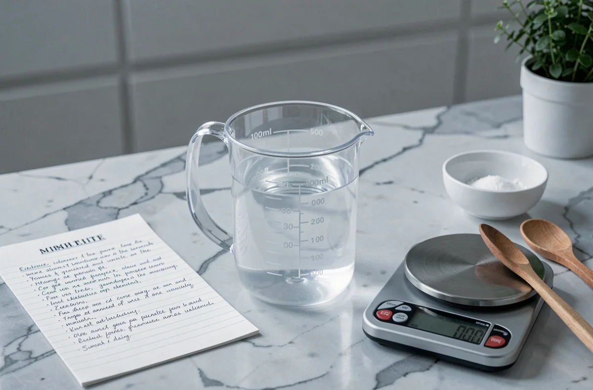 Verre doseur transparent rempli à 1000 millilitres posé sur un plan en marbre avec une recette manuscrite et une balance de cuisine