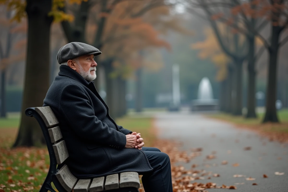 Vieil homme seul assis sur un banc de parc en automne, perdu dans ses pensées, évoquant la solitude subie et la mélancolie du silence