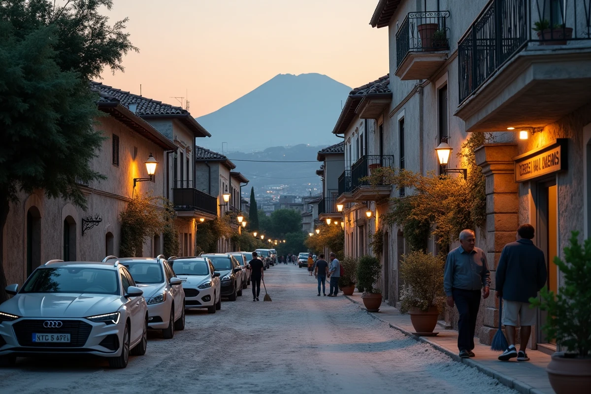 Habitants d'un village sicilien nettoyant les cendres volcaniques de l'Etna dans une rue recouverte de cendres grises avec le volcan visible en arrière-plan