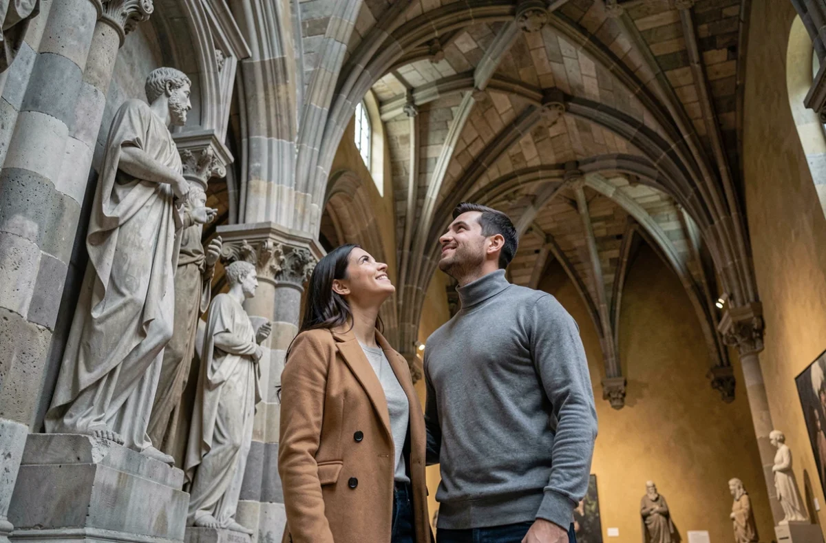 Couple découvrant les sculptures gothiques du Musée des Augustins à Toulouse lors d'une sortie culturelle romantique