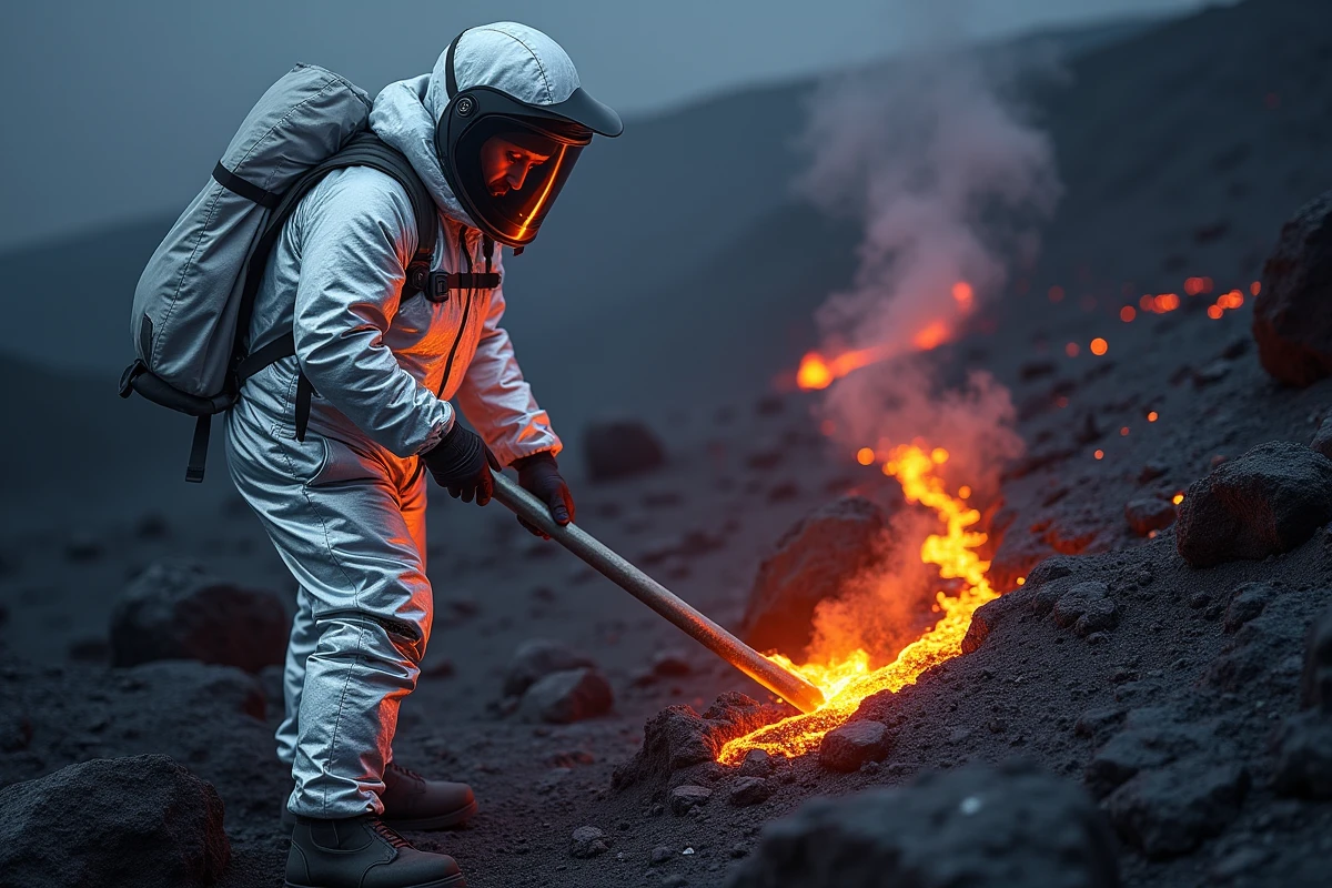 Volcanologue en combinaison de protection thermique prélevant un échantillon de lave sur le volcan Etna pendant une éruption active