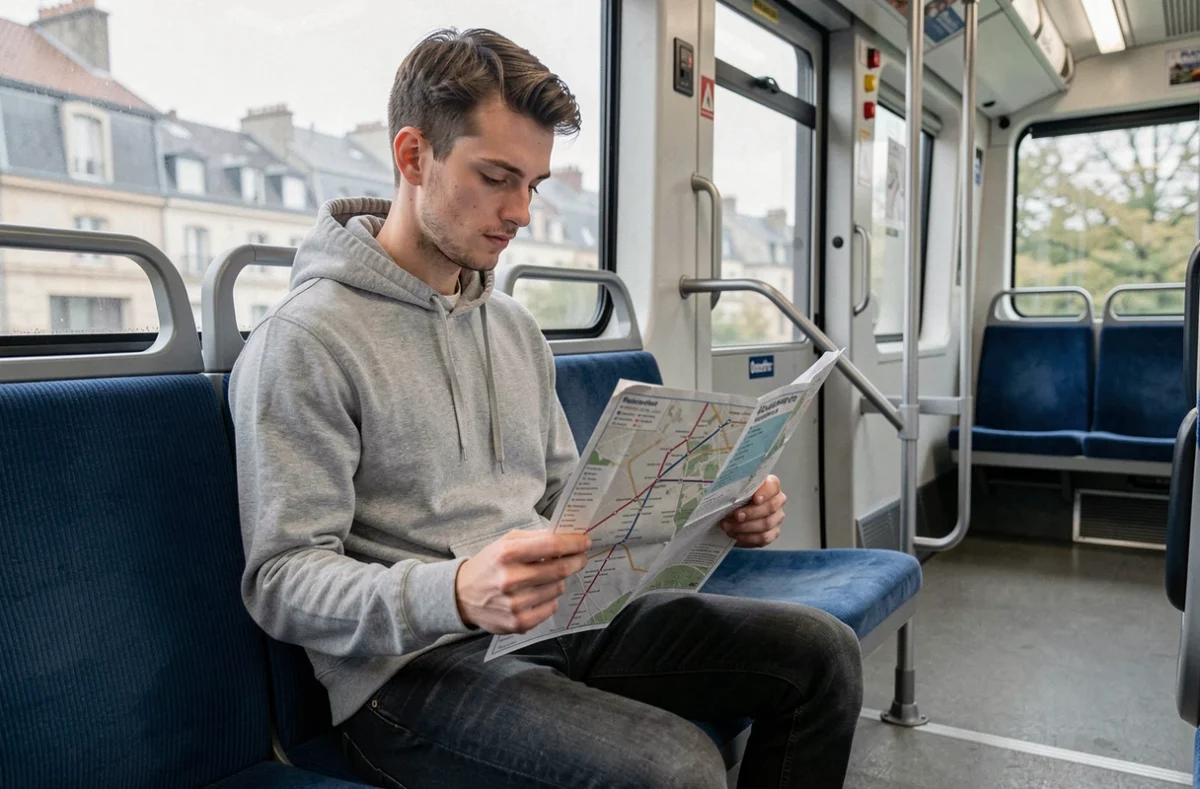 Voyageur consultant une carte papier du réseau RER et métro parisien à bord d'un train