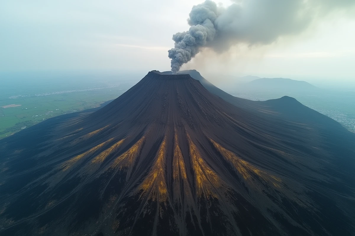 Vue aérienne panoramique du cratère sommital de l'Etna avec panache de cendres volcaniques et champs de lave récents s'étendant sur les pentes siciliennes